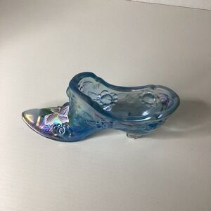 Vintage Fenton Glass Shoe Slipper Hand Painted Iris & Signed Blue Iridescent EUC